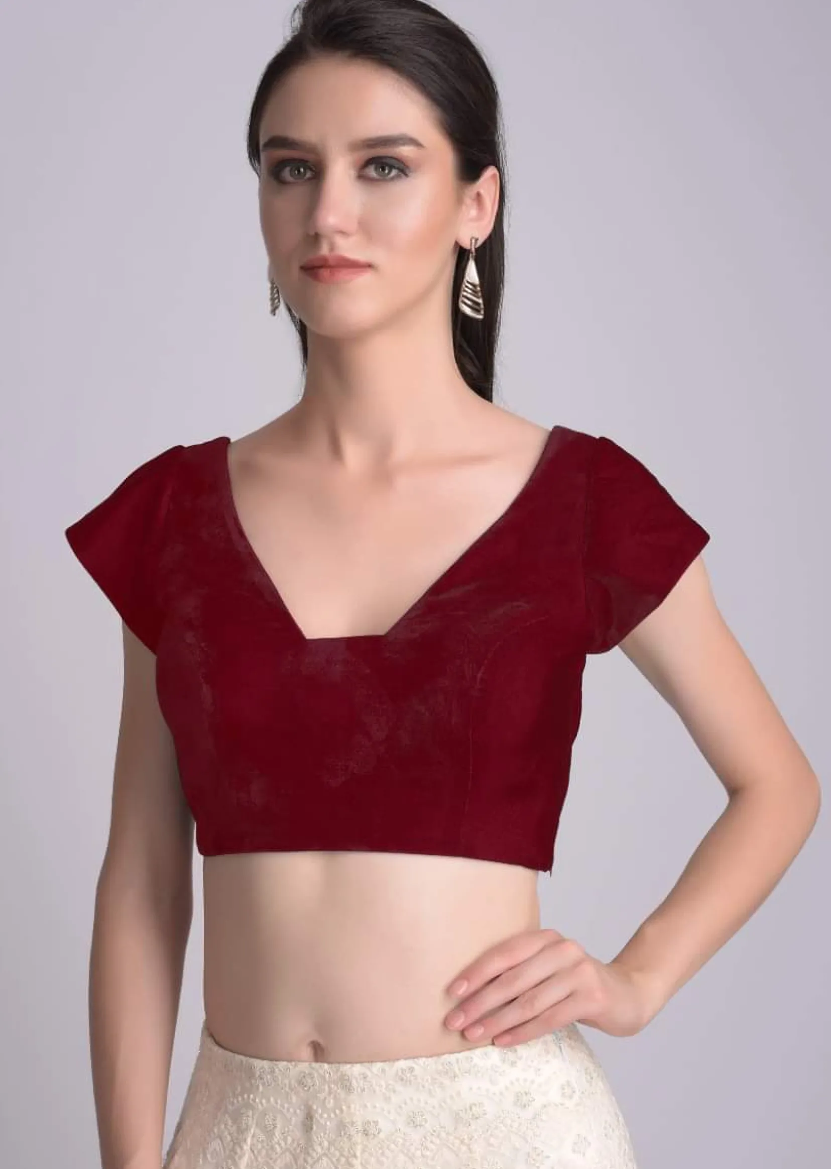 Red Blouse In Velvet With Trapeze Neckline