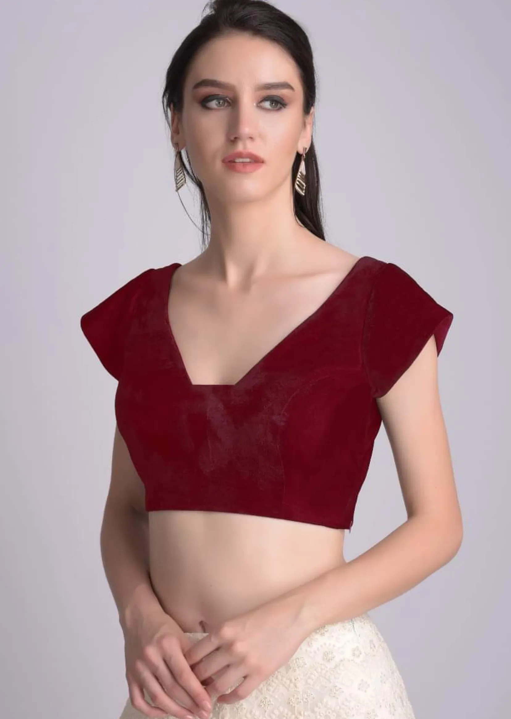 Red Blouse In Velvet With Trapeze Neckline
