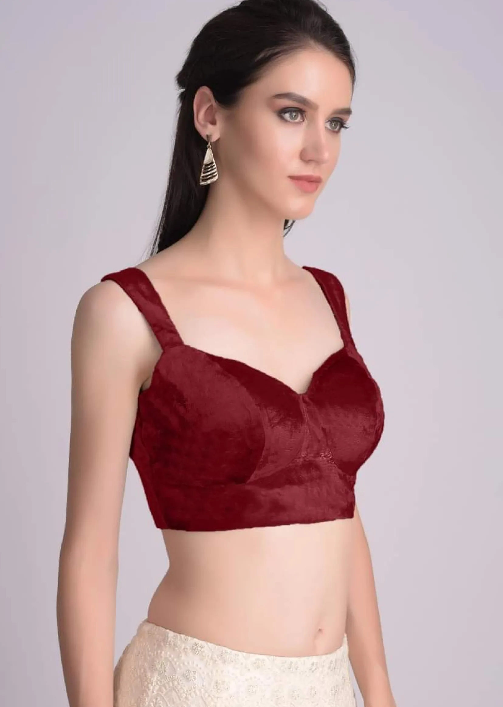 Red Blouse In Velvet With Sweetheart Neckline