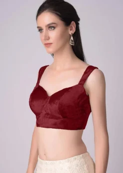 Red Blouse In Velvet With Sweetheart Neckline