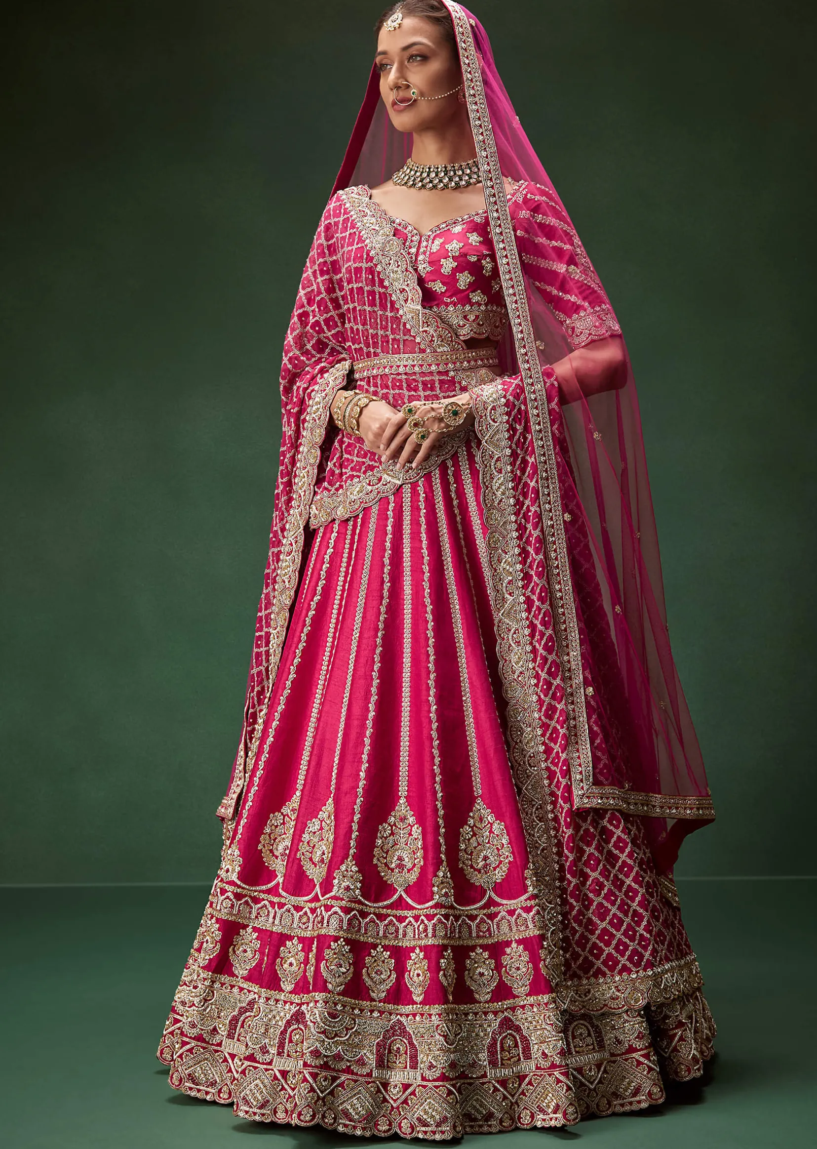 Red Bridal Lehenga Set With Heavy Zari Embroidery And Dual Dupattas