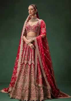 Red Bridal Lehenga With Intricate Hand Embroidery And Double Dupatta Drape