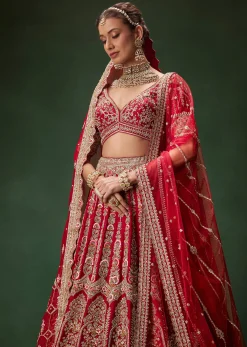 Red Bridal Lehenga With Intricate Hand Embroidery And Double Dupatta Drape