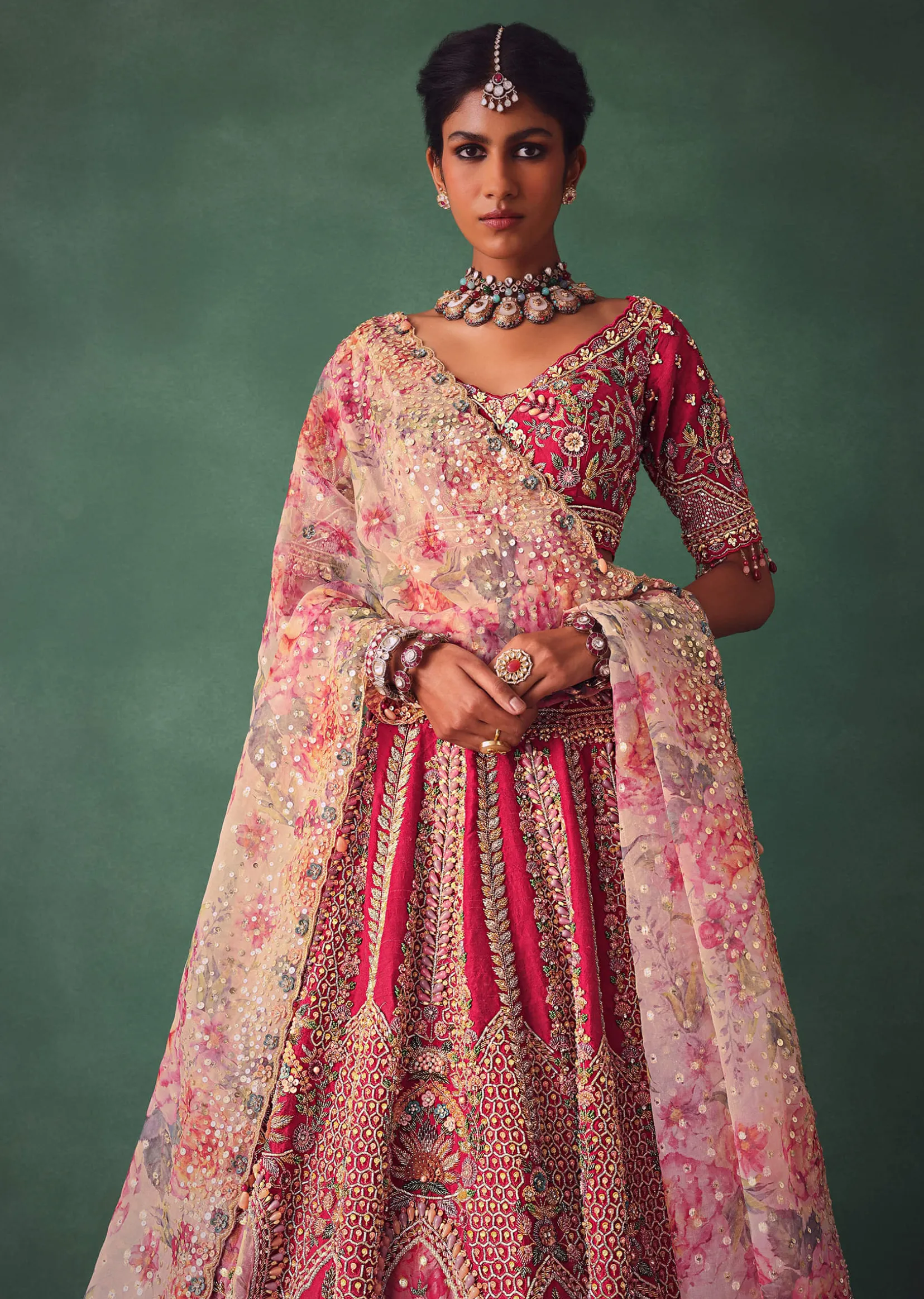 Red Bridal Lehenga With V Neck Blouse Back Dori And Dupatta