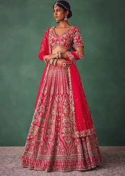 Red Bridal Lehenga With Zardosi And Cutdana Work