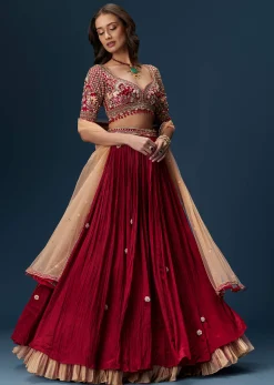 Red Bridesmaid Lehenga With Half Sleeve Embroidered Blouse And Dupatta