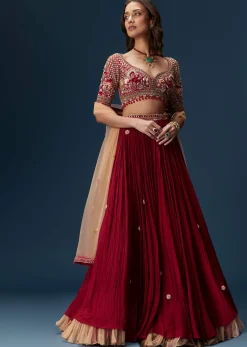 Red Bridesmaid Lehenga With Half Sleeve Embroidered Blouse And Dupatta