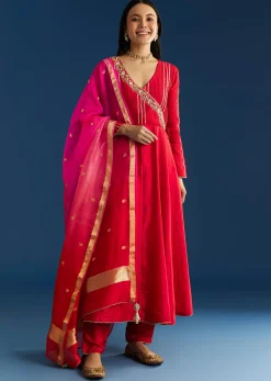 Red Chanderi Angrakha Style Kurta With Zardosi Butti Dupatta