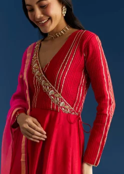 Red Chanderi Angrakha Style Kurta With Zardosi Butti Dupatta
