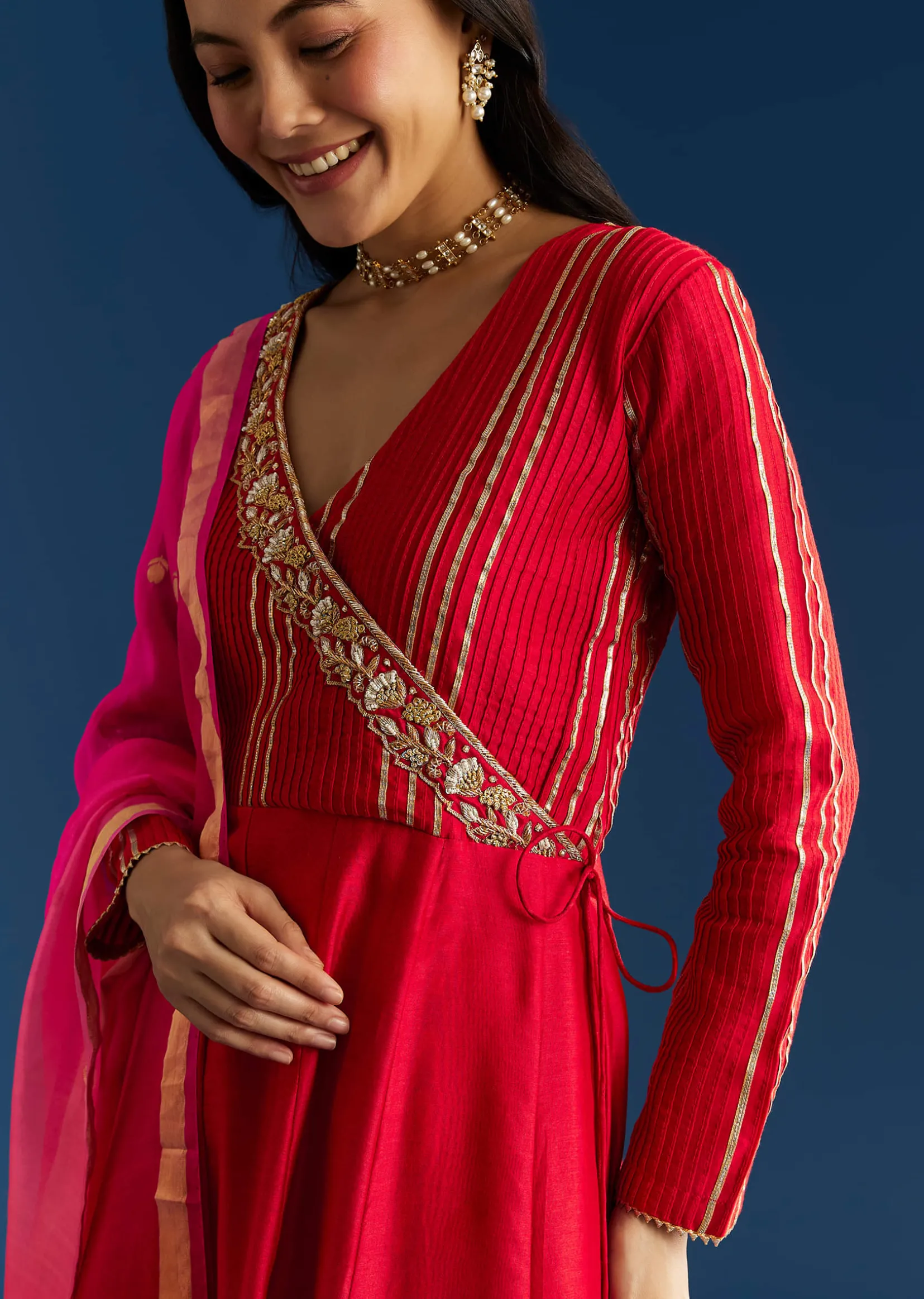 Red Chanderi Angrakha Style Kurta With Zardosi Butti Dupatta