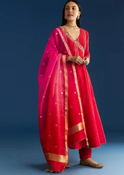 Red Chanderi Angrakha Style Kurta With Zardosi Butti Dupatta