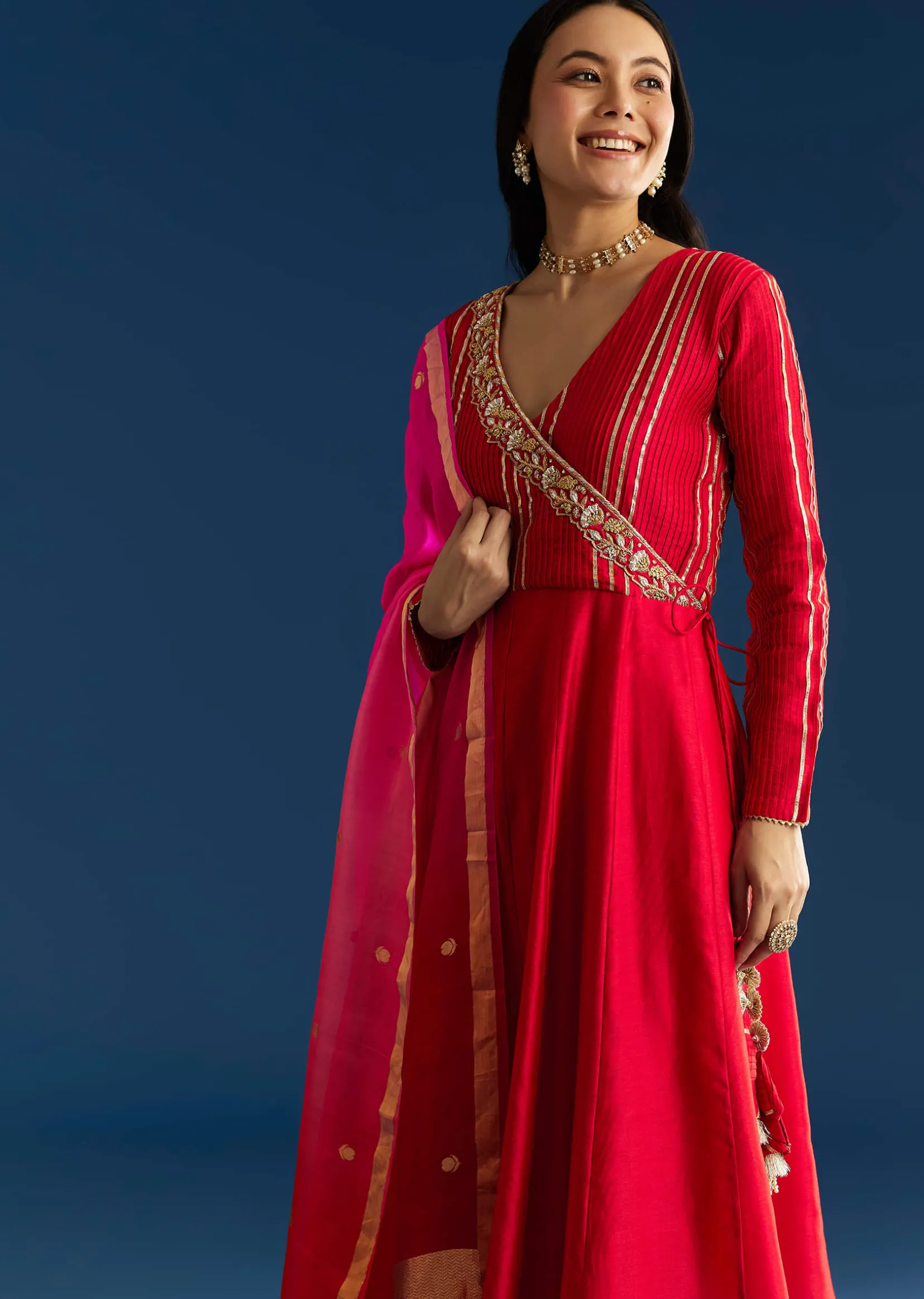 Red Chanderi Angrakha Style Kurta With Zardosi Butti Dupatta