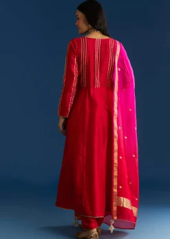 Red Chanderi Angrakha Style Kurta With Zardosi Butti Dupatta