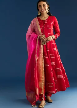 Red Chanderi Gotta Work Anarkali With Ombre Zari Butti Organza Dupatta
