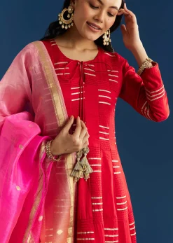Red Chanderi Gotta Work Anarkali With Ombre Zari Butti Organza Dupatta