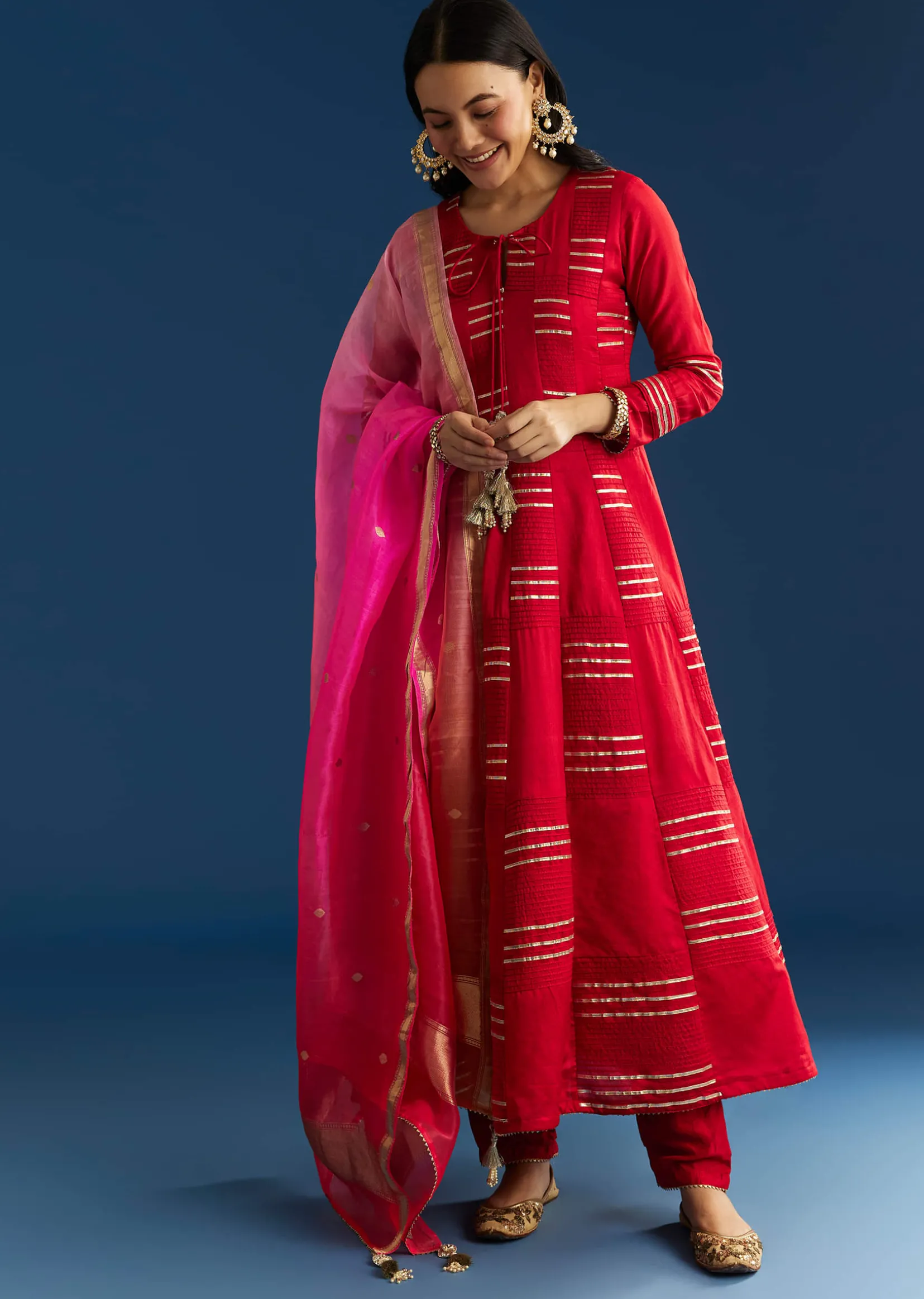 Red Chanderi Gotta Work Anarkali With Ombre Zari Butti Organza Dupatta