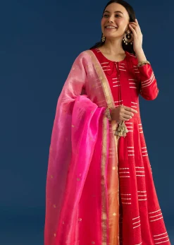 Red Chanderi Gotta Work Anarkali With Ombre Zari Butti Organza Dupatta