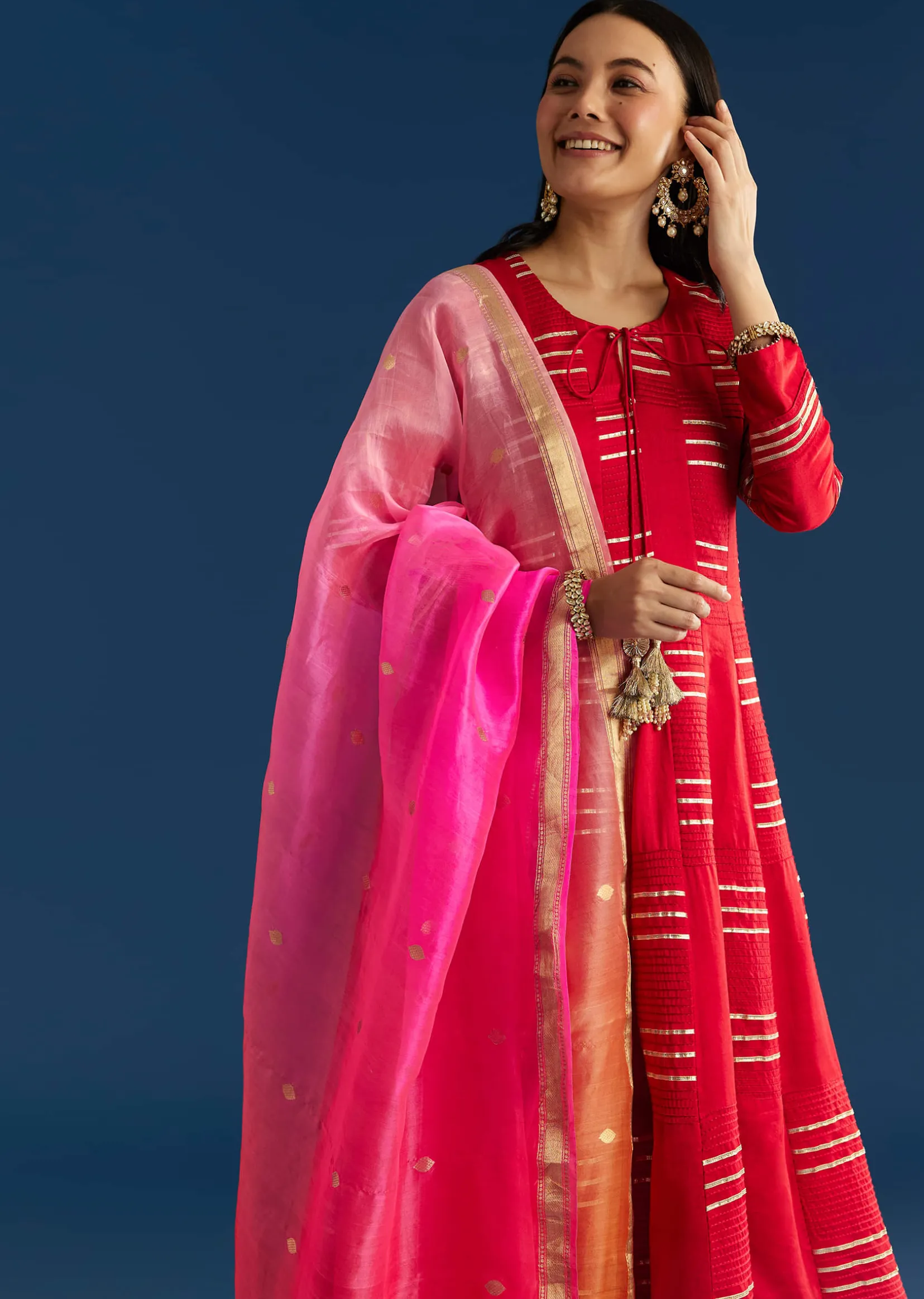Red Chanderi Gotta Work Anarkali With Ombre Zari Butti Organza Dupatta