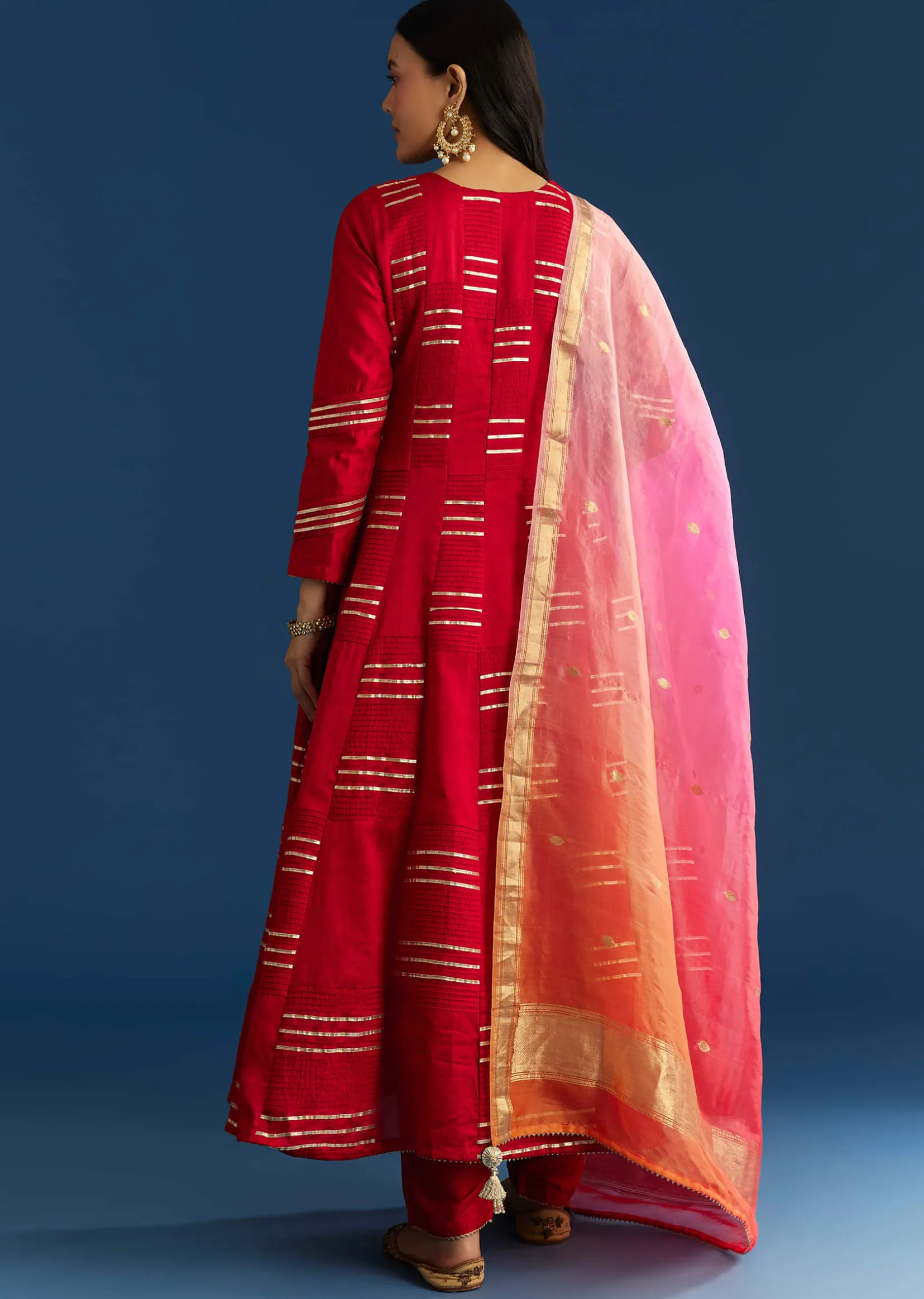 Red Chanderi Gotta Work Anarkali With Ombre Zari Butti Organza Dupatta