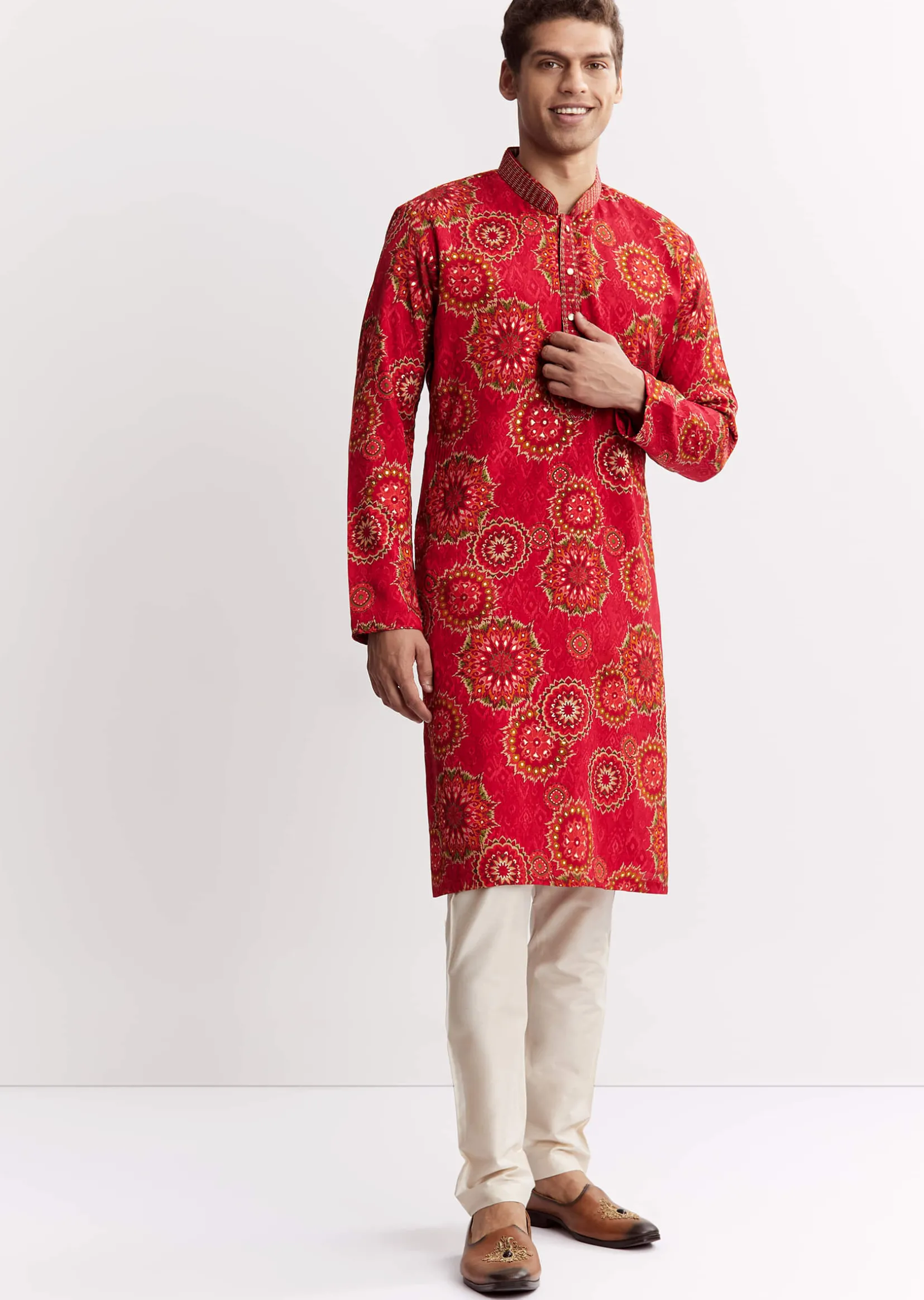 Red Chanderi Printed Kurta Set With Sequins Embroidery