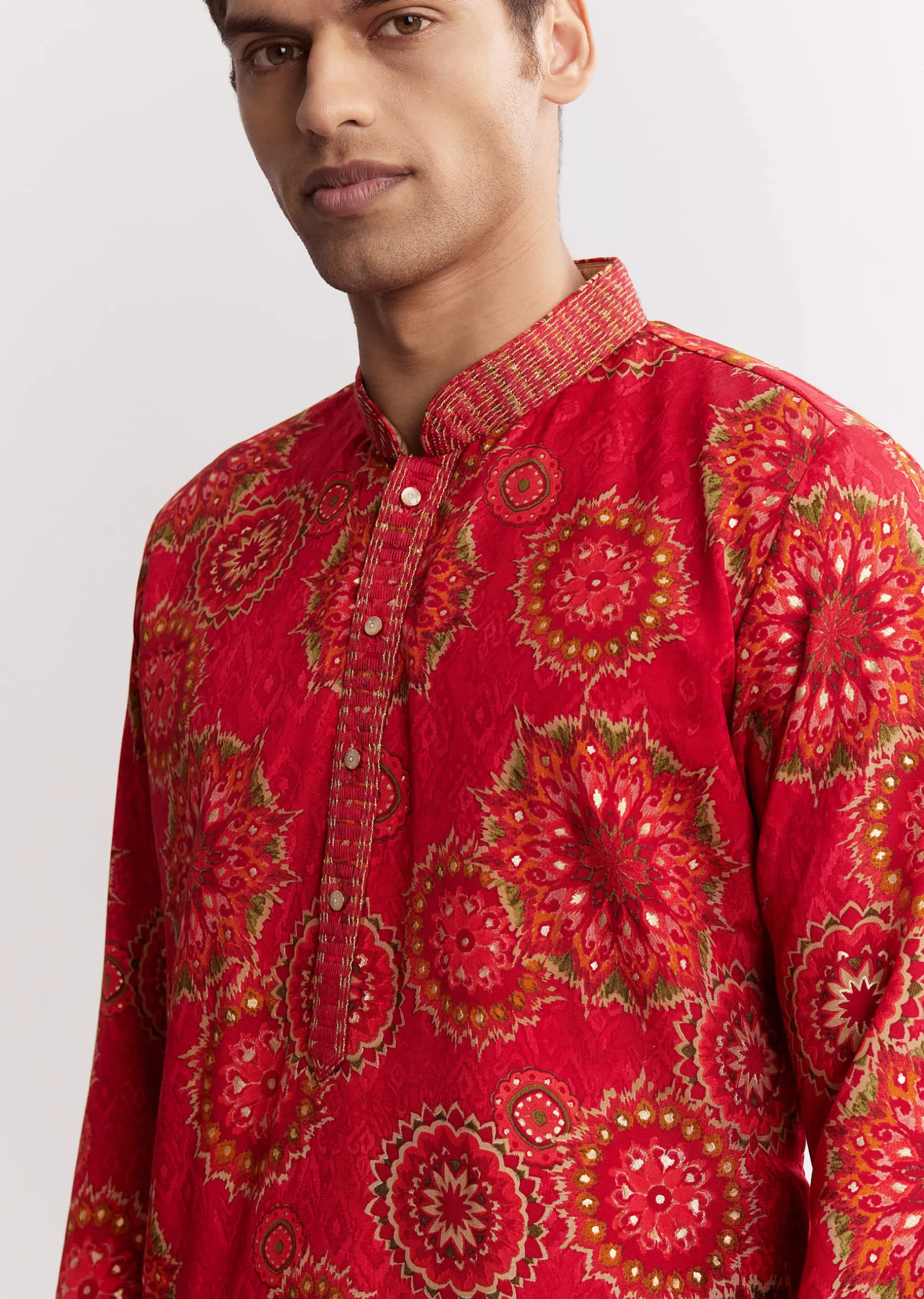 Red Chanderi Printed Kurta Set With Sequins Embroidery