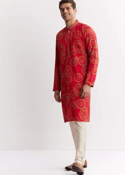 Red Chanderi Printed Kurta Set With Sequins Embroidery