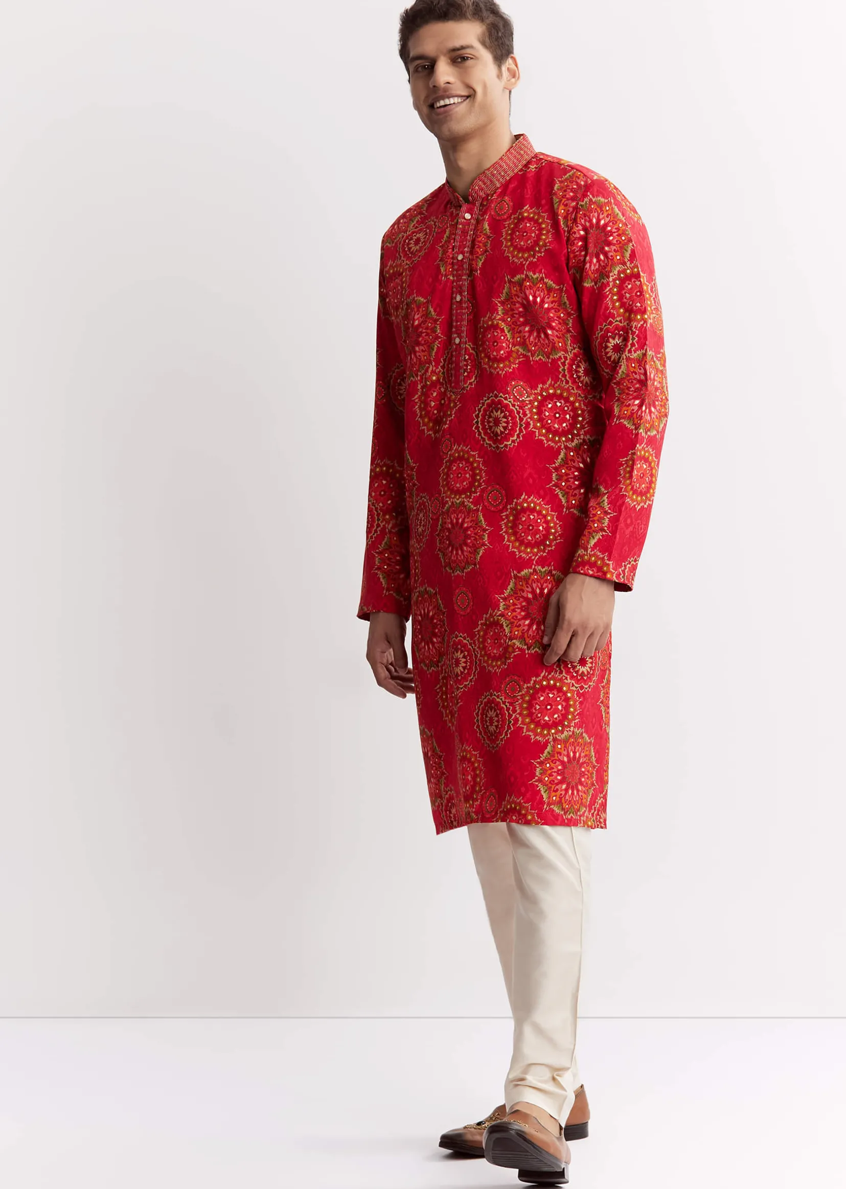Red Chanderi Printed Kurta Set With Sequins Embroidery