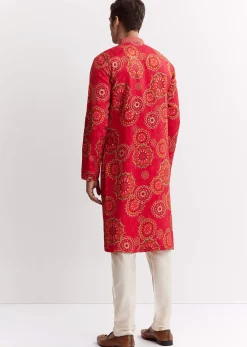 Red Chanderi Printed Kurta Set With Sequins Embroidery