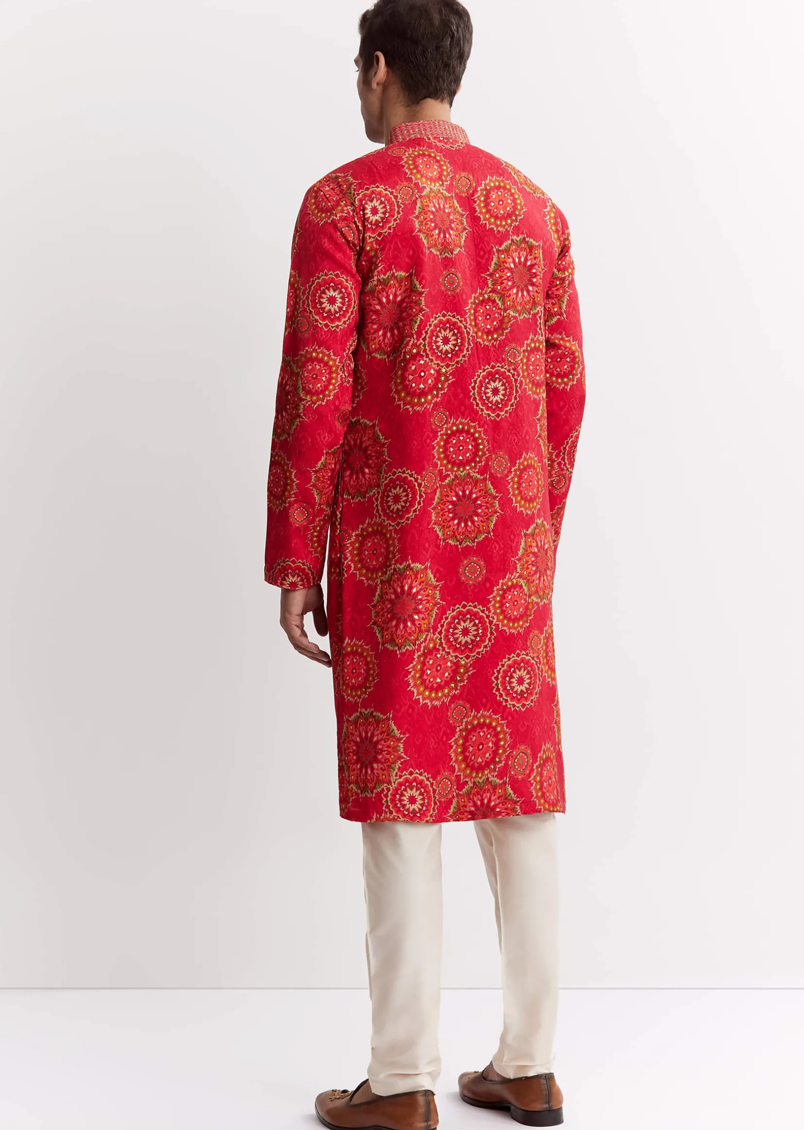 Red Chanderi Printed Kurta Set With Sequins Embroidery