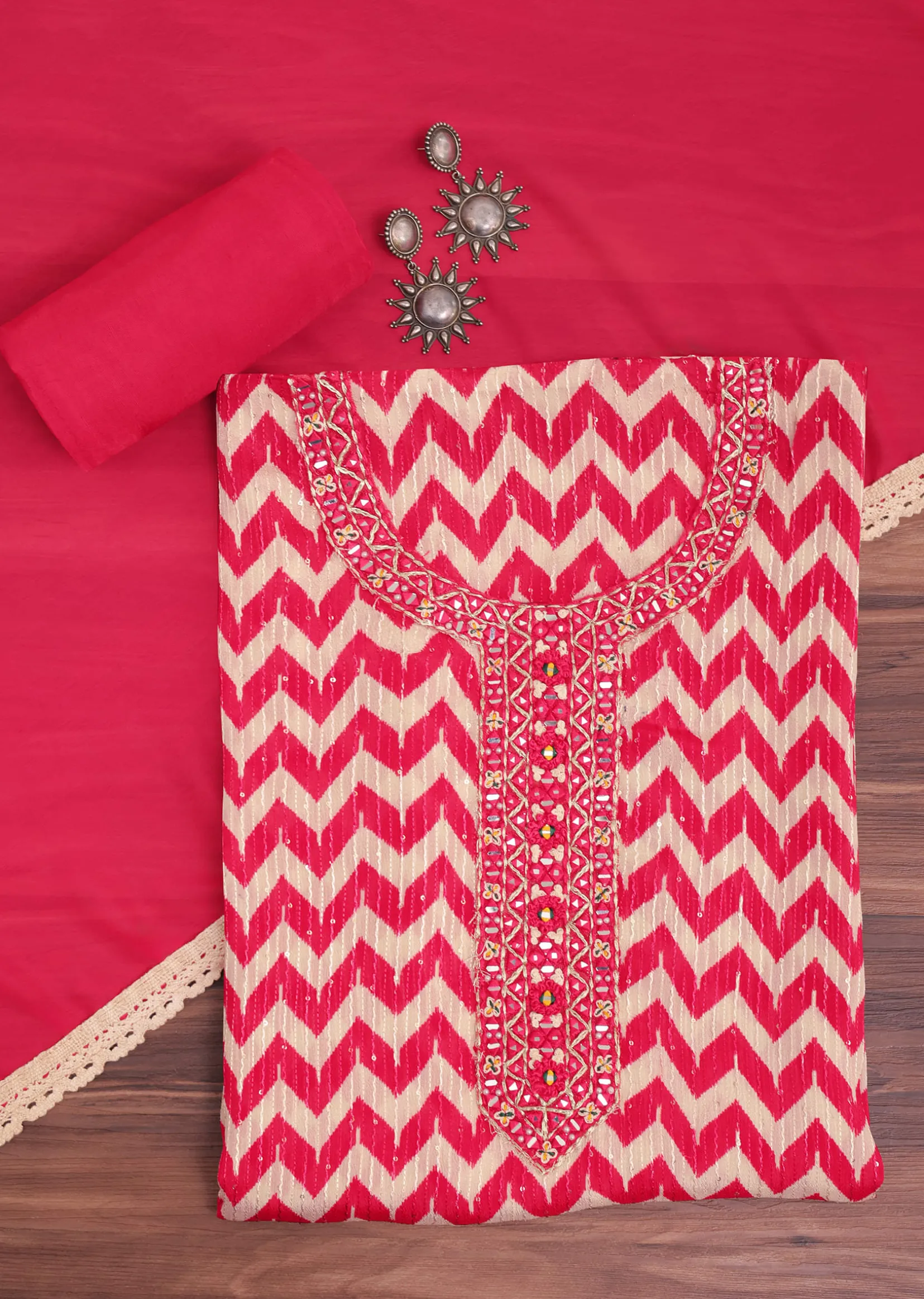 Red Chevron Printed Georgette Dress Material