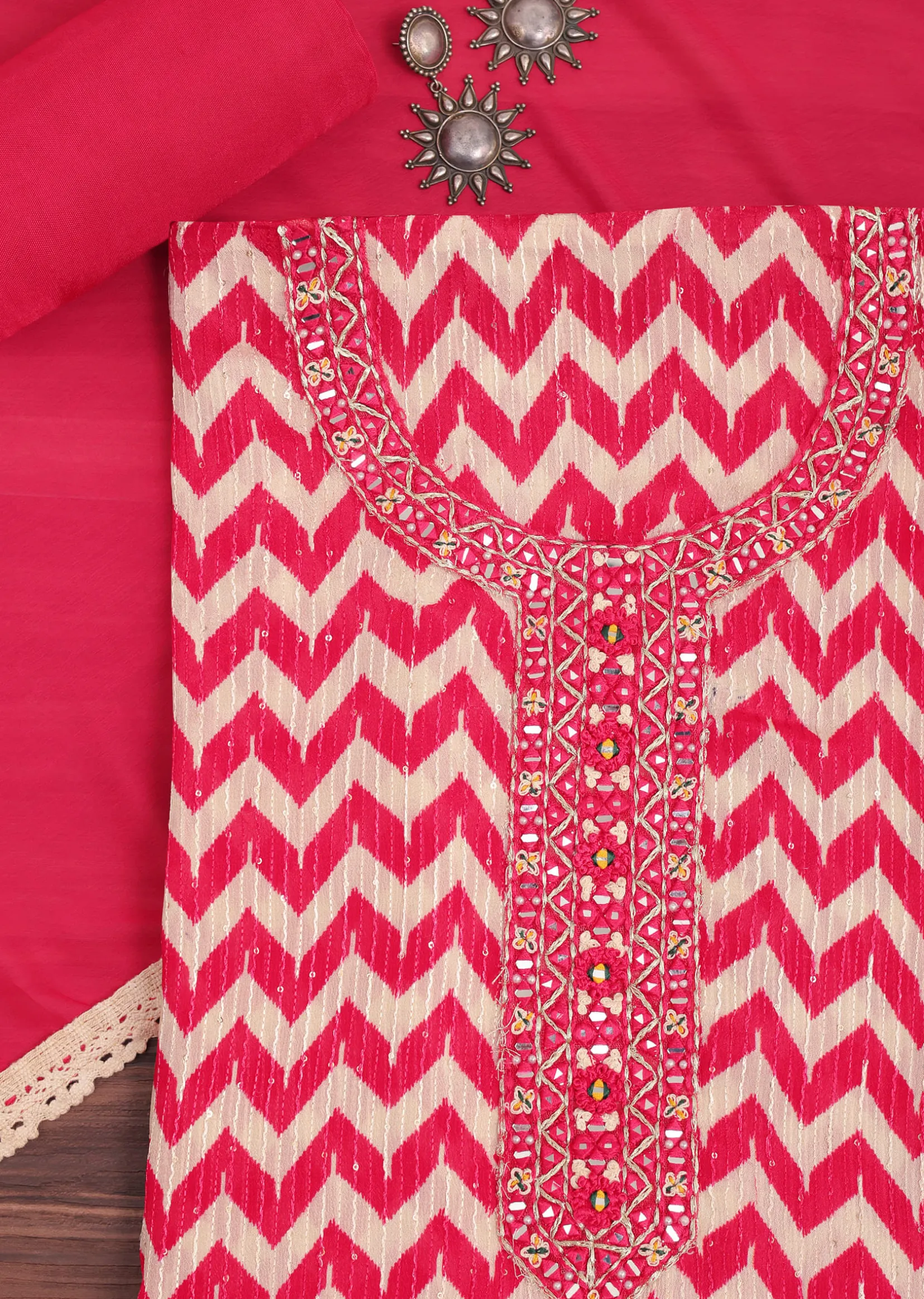 Red Chevron Printed Georgette Dress Material