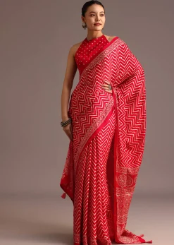 Red Chevron Printed Satin Saree