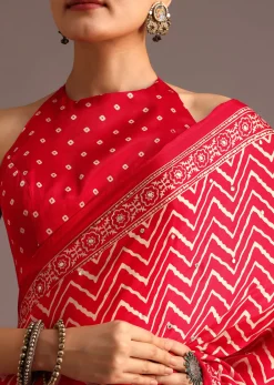 Red Chevron Printed Satin Saree