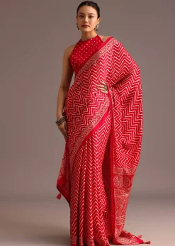 Red Chevron Printed Satin Saree
