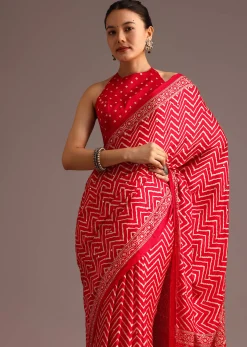 Red Chevron Printed Satin Saree