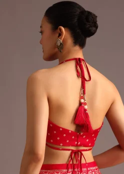 Red Chevron Printed Satin Saree