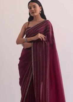 Red Chiffon Silk Saree With Cutdana Embellished