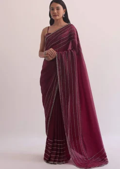 Red Chiffon Silk Saree With Cutdana Embellished