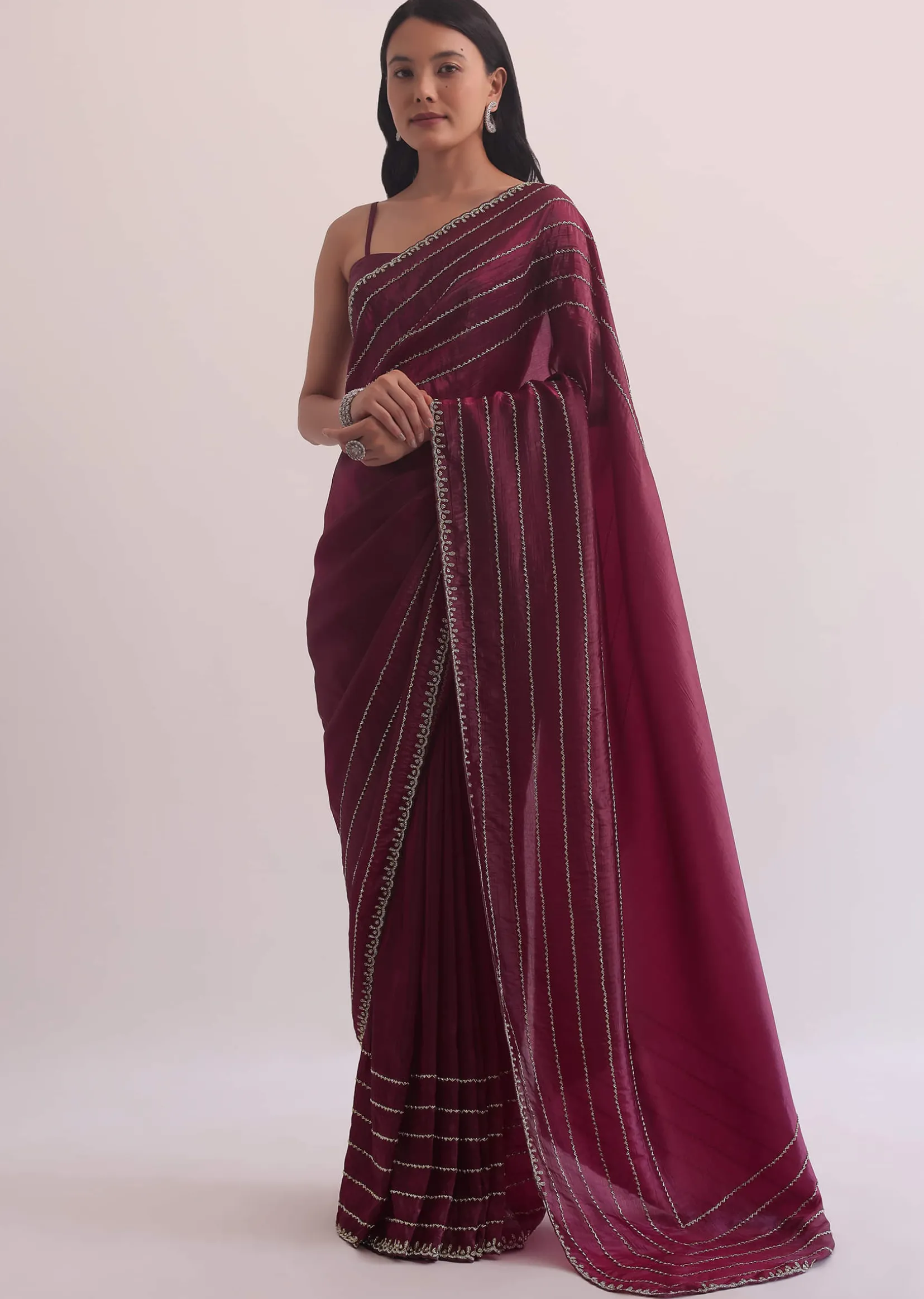 Red Chiffon Silk Saree With Cutdana Embellished