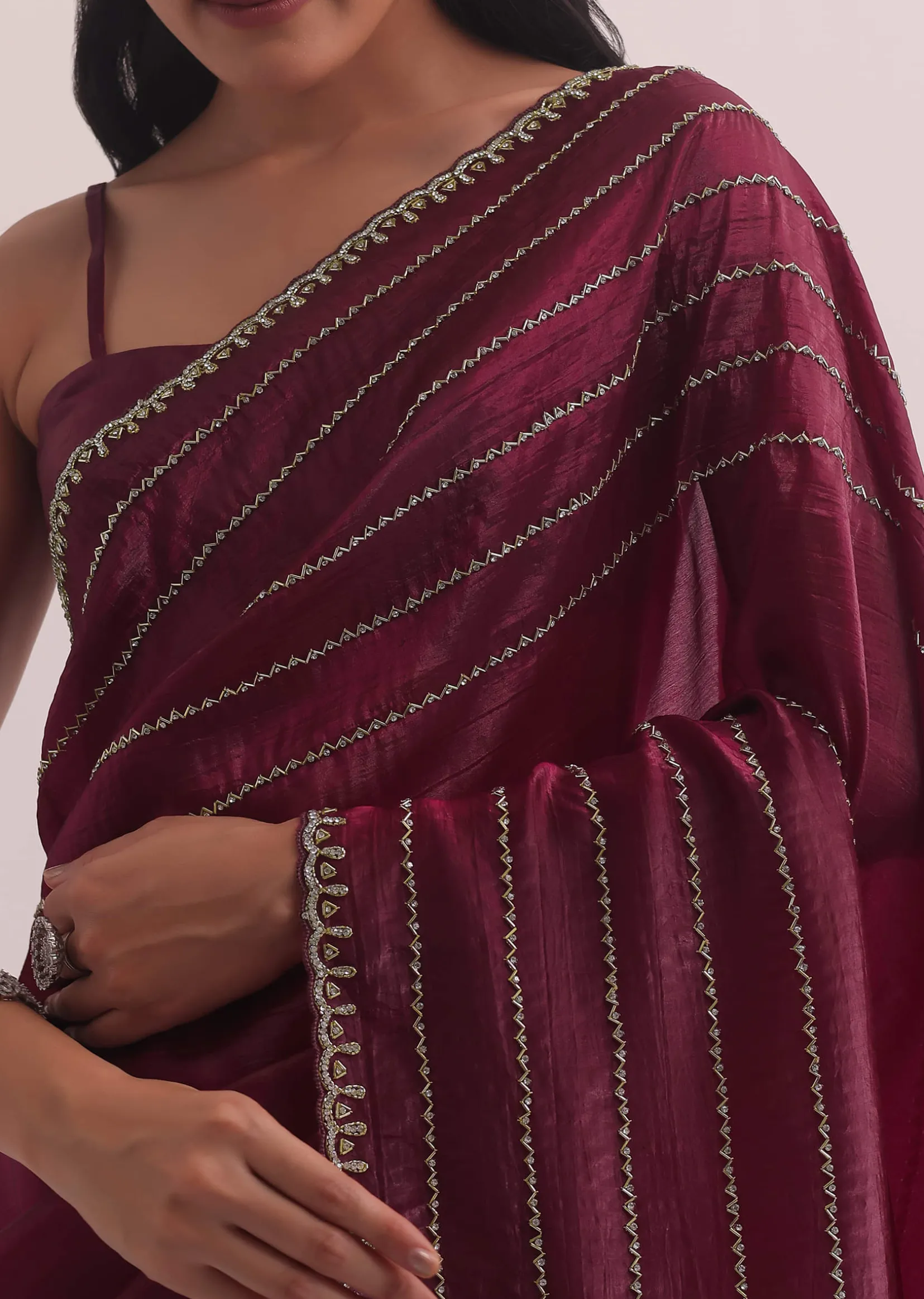 Red Chiffon Silk Saree With Cutdana Embellished