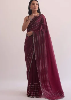 Red Chiffon Silk Saree With Cutdana Embellished