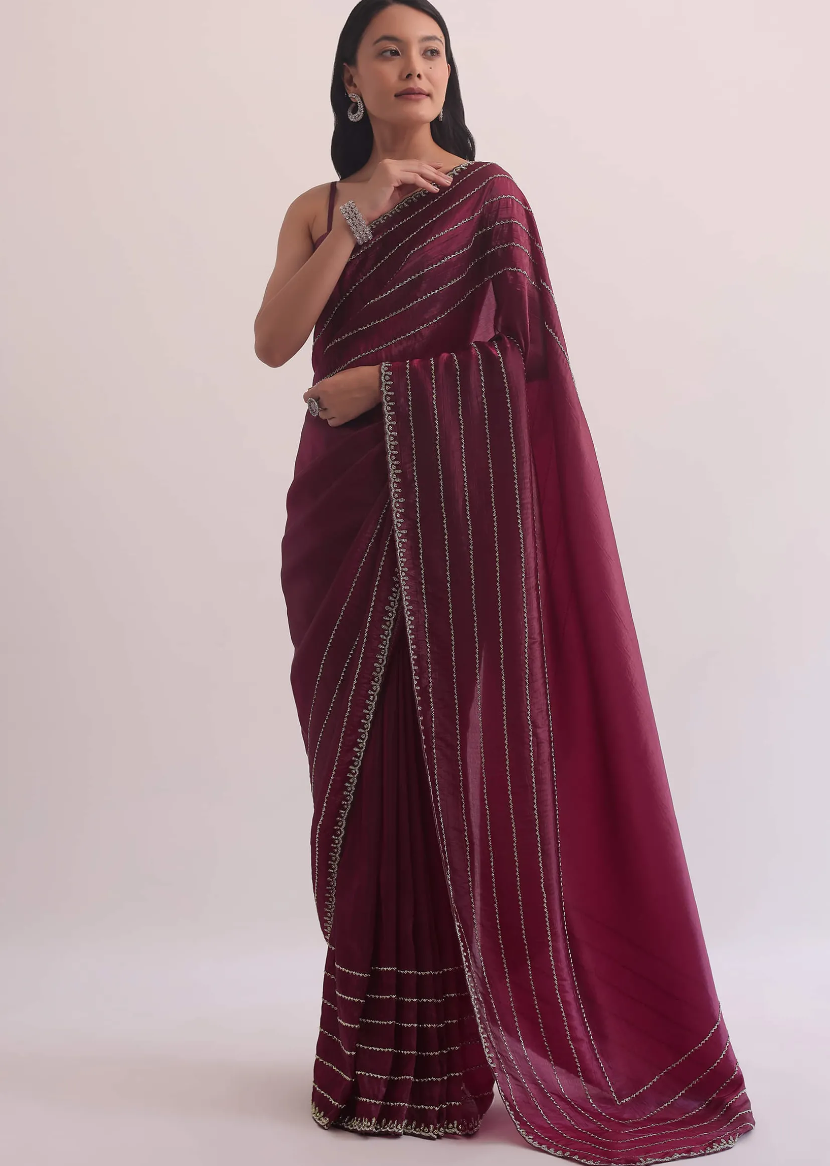 Red Chiffon Silk Saree With Cutdana Embellished