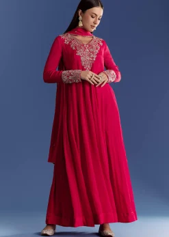 Red Chinon Anarkali With Moti And Gotta Lace Dupatta