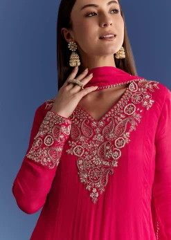 Red Chinon Anarkali With Moti And Gotta Lace Dupatta