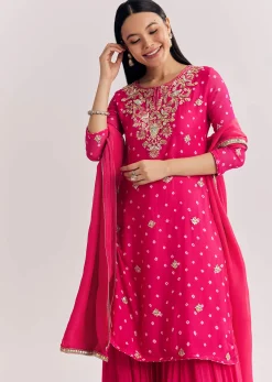 Red Chinon Asymmetrical Kurta Palazzo Suit With Embroidery