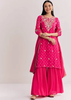 Red Chinon Asymmetrical Kurta Palazzo Suit With Embroidery