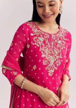 Red Chinon Asymmetrical Kurta Palazzo Suit With Embroidery