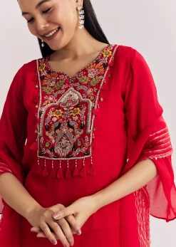 Red Chinon Asymmetrical Palazzo Suit With Embroidery