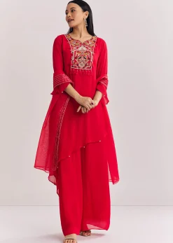 Red Chinon Asymmetrical Palazzo Suit With Embroidery