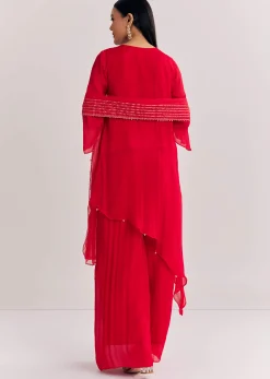 Red Chinon Asymmetrical Palazzo Suit With Embroidery